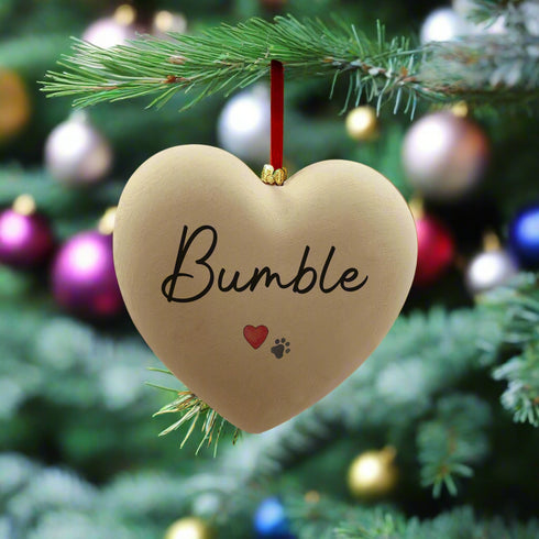 A Personalised Paw Print and Heart  CAT Ceramic Heart Bauble